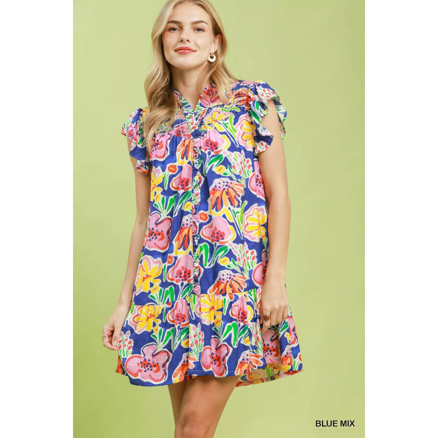 Umgee Floral Ruffle Mini Dress BLUE MIX / S Apparel and Accessories