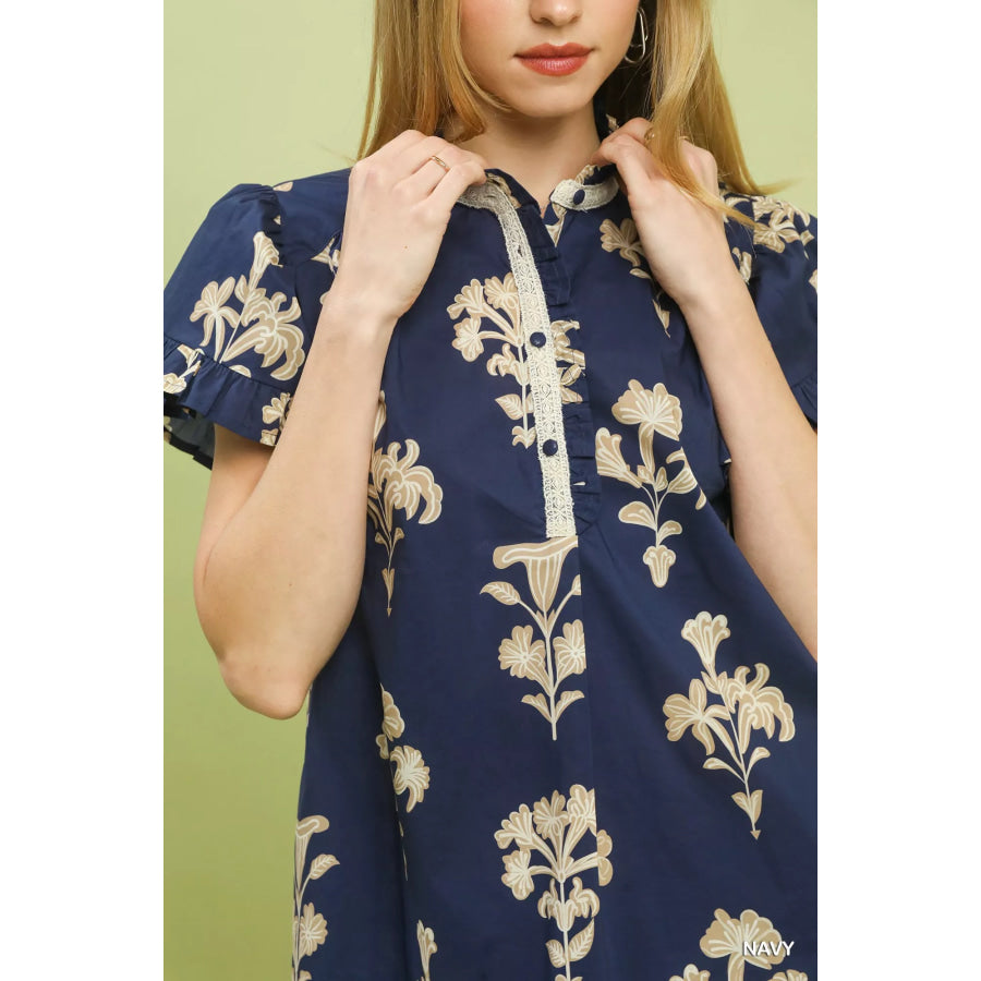 Umgee Floral Ruffle Sleeve Split-Neck Top Apparel and Accessories