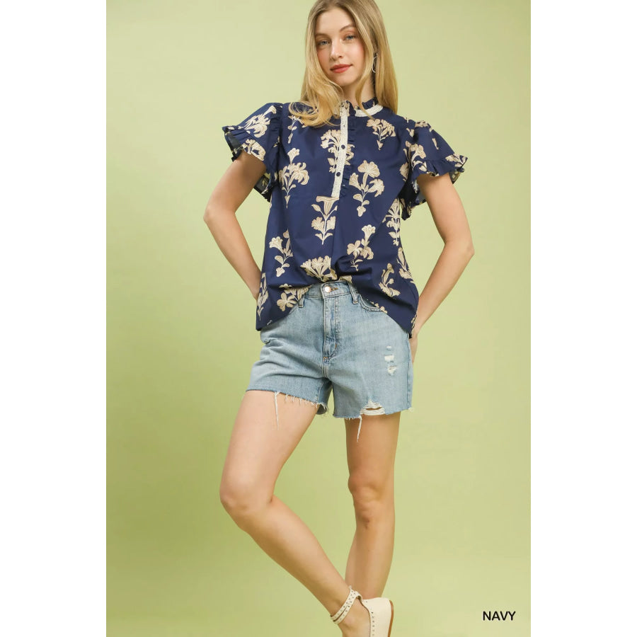 Umgee Floral Ruffle Sleeve Split-Neck Top Apparel and Accessories