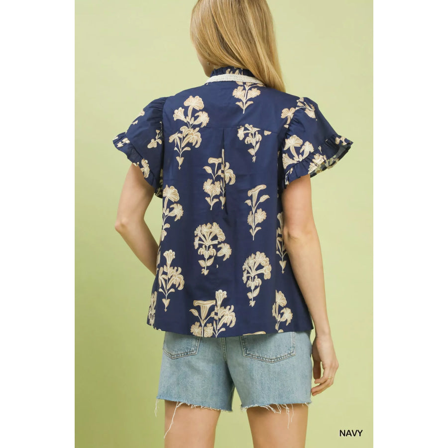 Umgee Floral Ruffle Sleeve Split-Neck Top Apparel and Accessories