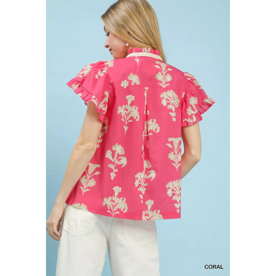 Umgee Floral Ruffle Sleeve Split-Neck Top Apparel and Accessories