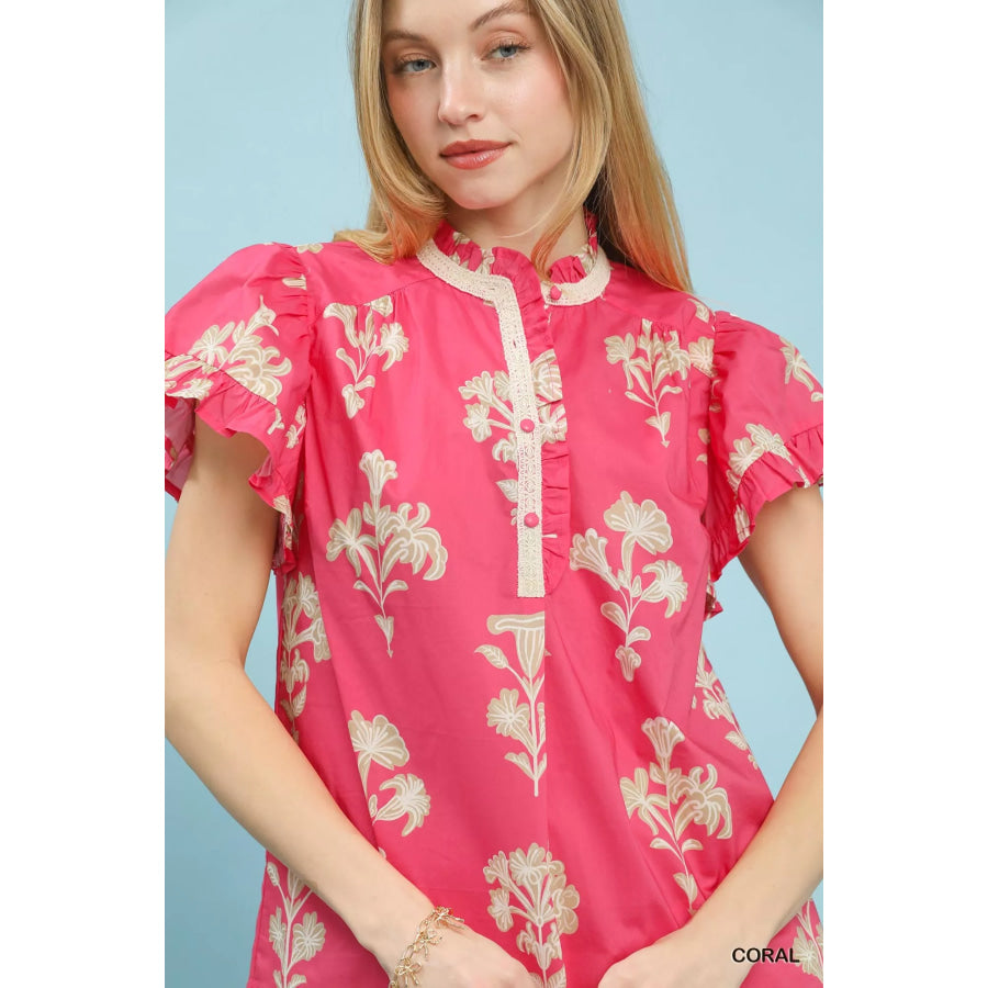 Umgee Floral Ruffle Sleeve Split-Neck Top Apparel and Accessories