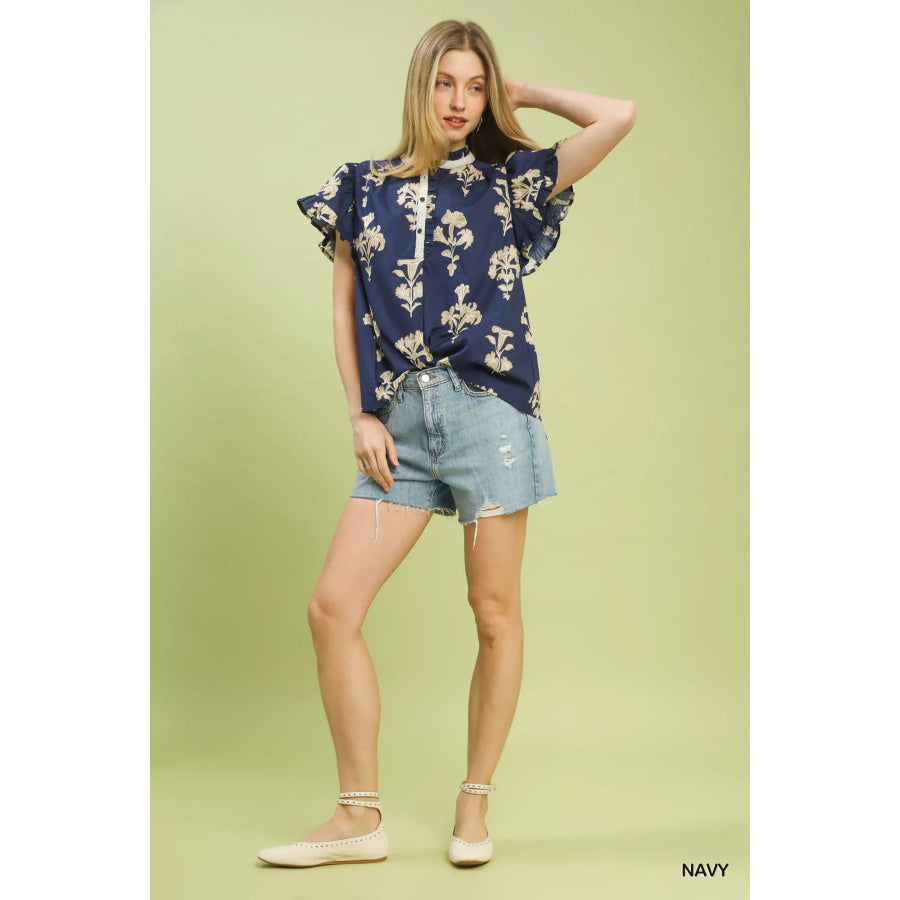 Umgee Floral Ruffle Sleeve Split-Neck Top Apparel and Accessories