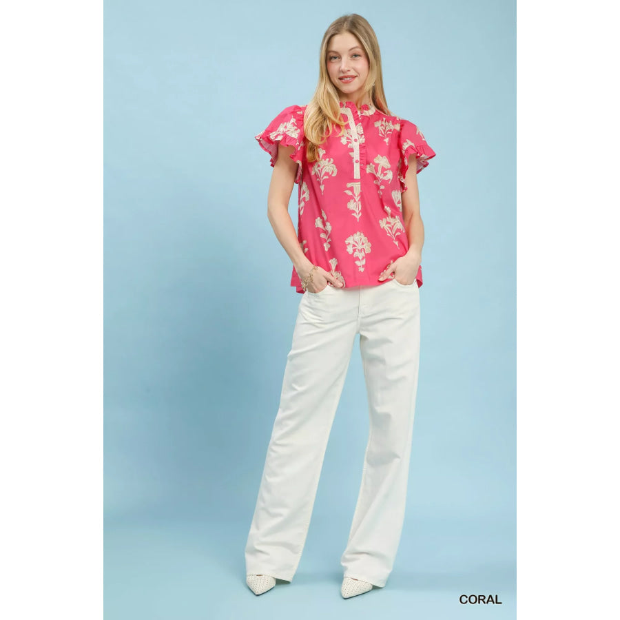 Umgee Floral Ruffle Sleeve Split-Neck Top Apparel and Accessories