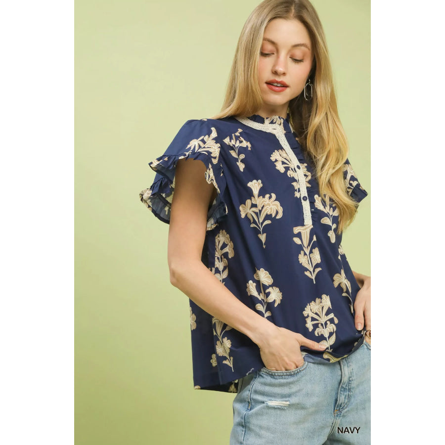 Umgee Floral Ruffle Sleeve Split-Neck Top Apparel and Accessories