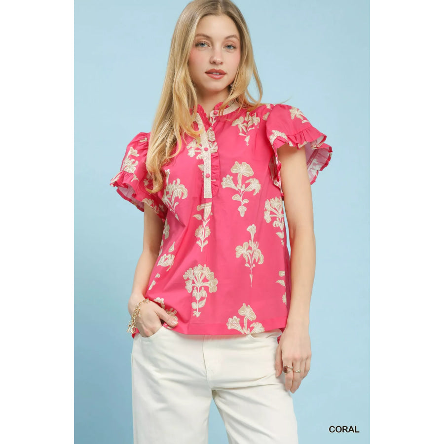 Umgee Floral Ruffle Sleeve Split-Neck Top CORAL / S Apparel and Accessories