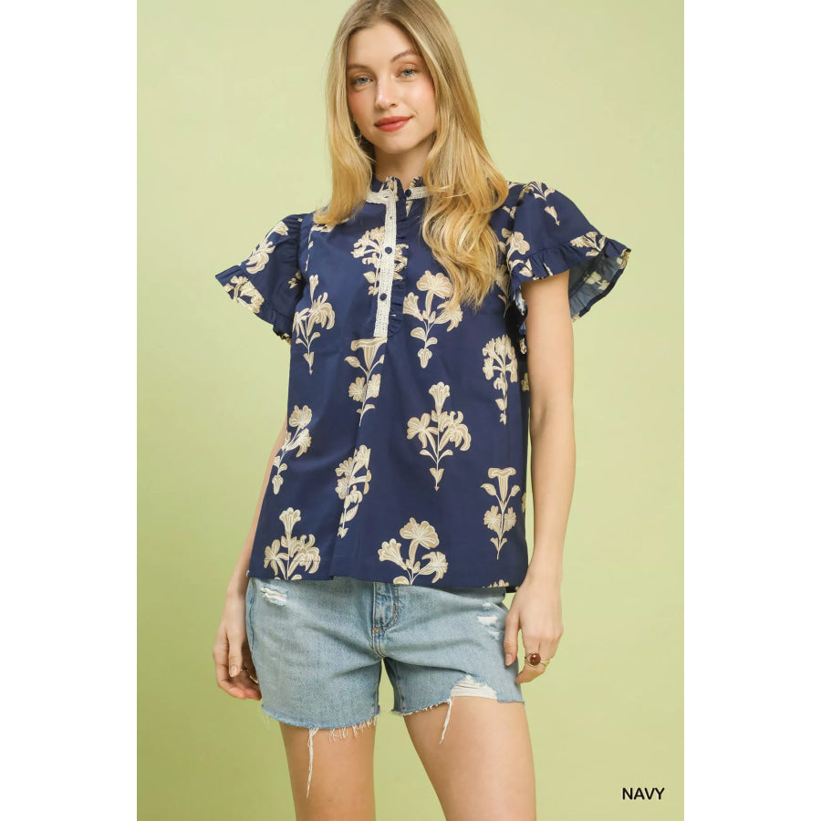 Umgee Floral Ruffle Sleeve Split-Neck Top NAVY / S Apparel and Accessories