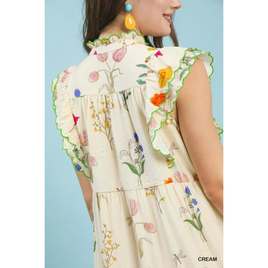 Umgee Floral Ruffle Tiered Midi Dress with Scalloped Detail Apparel and Accessories