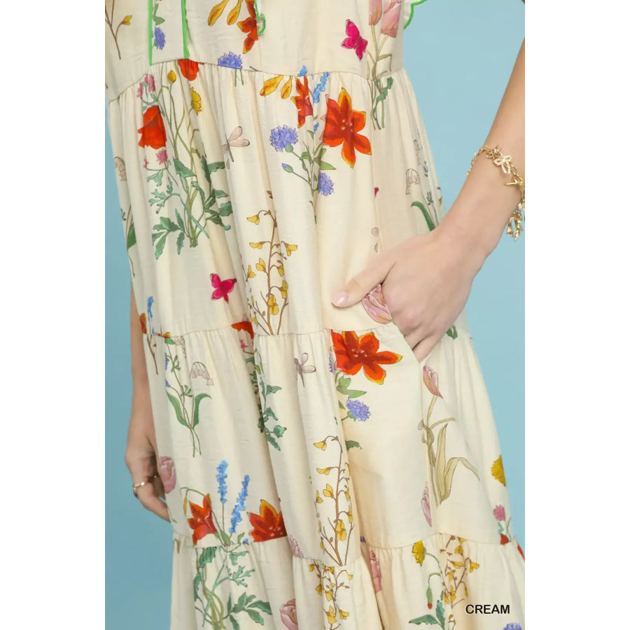 Umgee Floral Ruffle Tiered Midi Dress with Scalloped Detail Apparel and Accessories