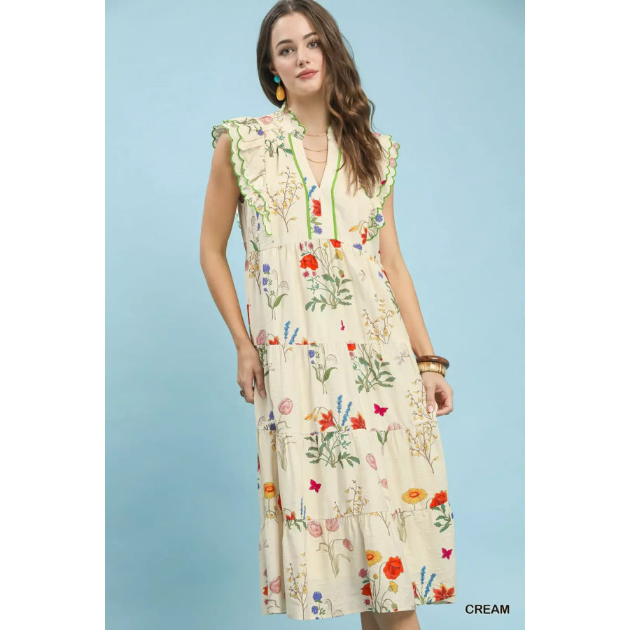 Umgee Floral Ruffle Tiered Midi Dress with Scalloped Detail Apparel and Accessories