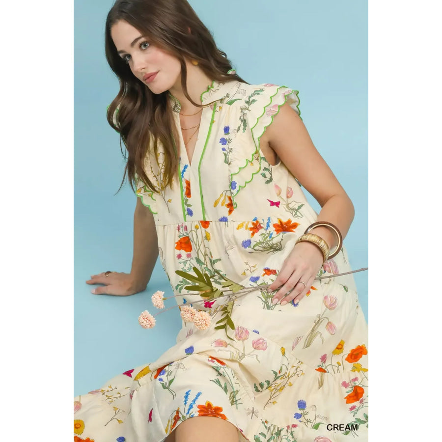 Umgee Floral Ruffle Tiered Midi Dress with Scalloped Detail Apparel and Accessories