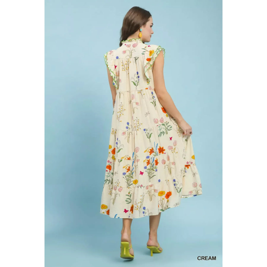Umgee Floral Ruffle Tiered Midi Dress with Scalloped Detail Apparel and Accessories