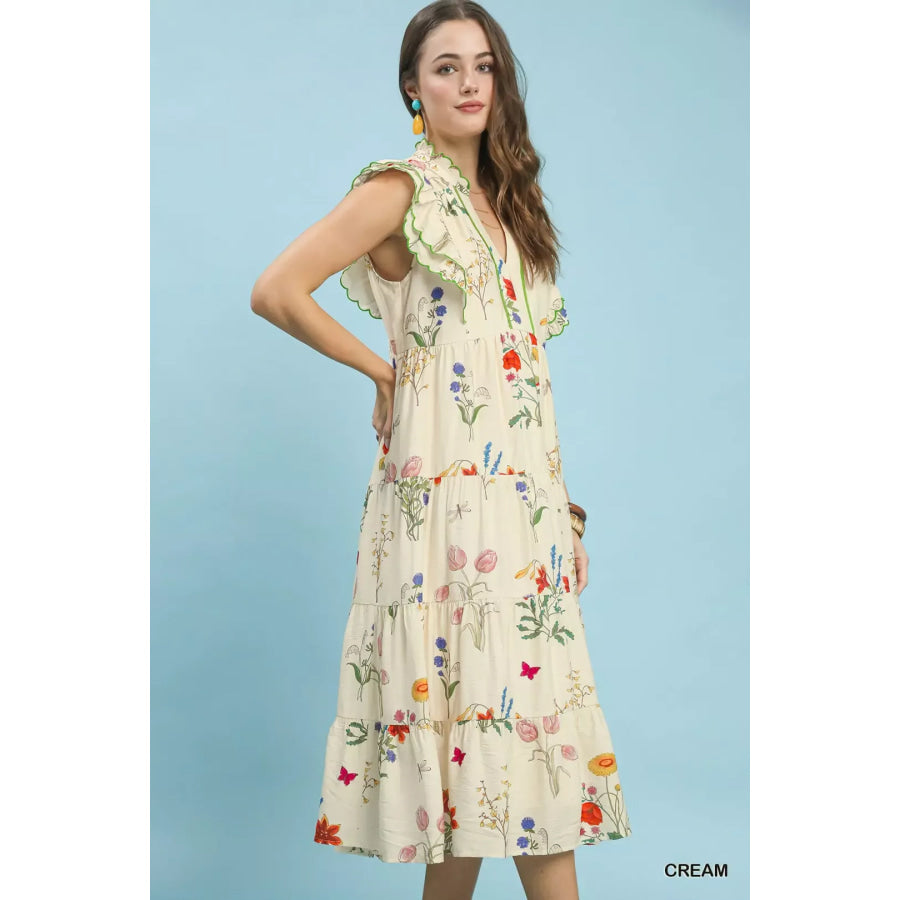 Umgee Floral Ruffle Tiered Midi Dress with Scalloped Detail Apparel and Accessories