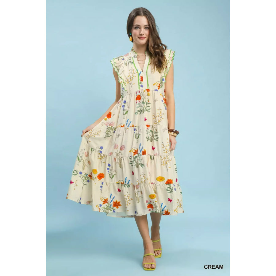 Umgee Floral Ruffle Tiered Midi Dress with Scalloped Detail CREAM / S Apparel and Accessories