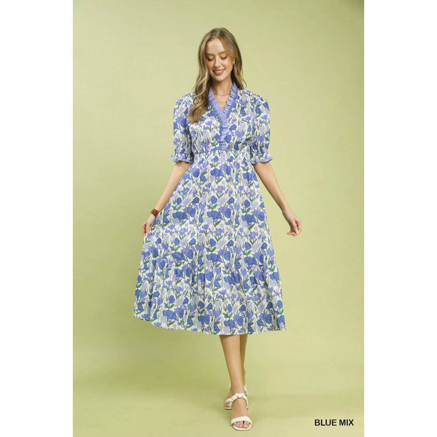 Umgee Floral Ruffle Trim Tiered Midi Dress Apparel and Accessories