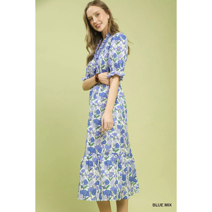 Umgee Floral Ruffle Trim Tiered Midi Dress Apparel and Accessories