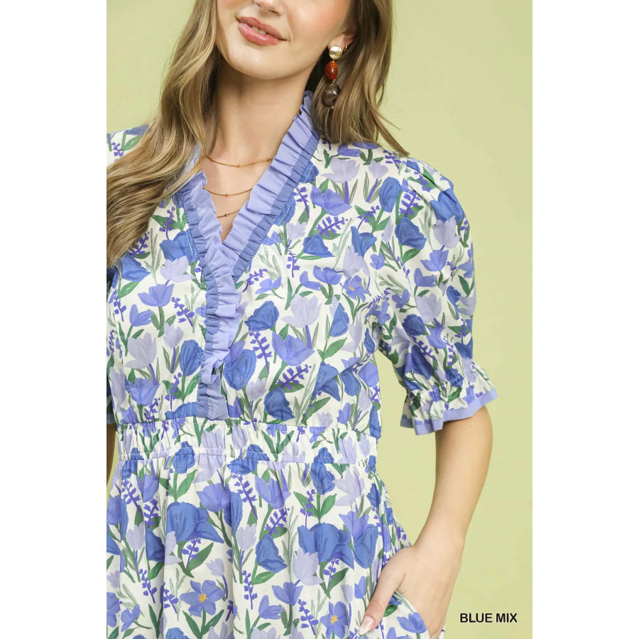 Umgee Floral Ruffle Trim Tiered Midi Dress Apparel and Accessories