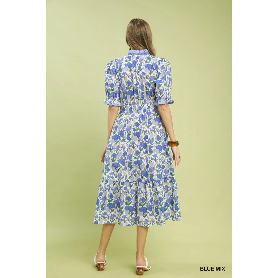 Umgee Floral Ruffle Trim Tiered Midi Dress Apparel and Accessories