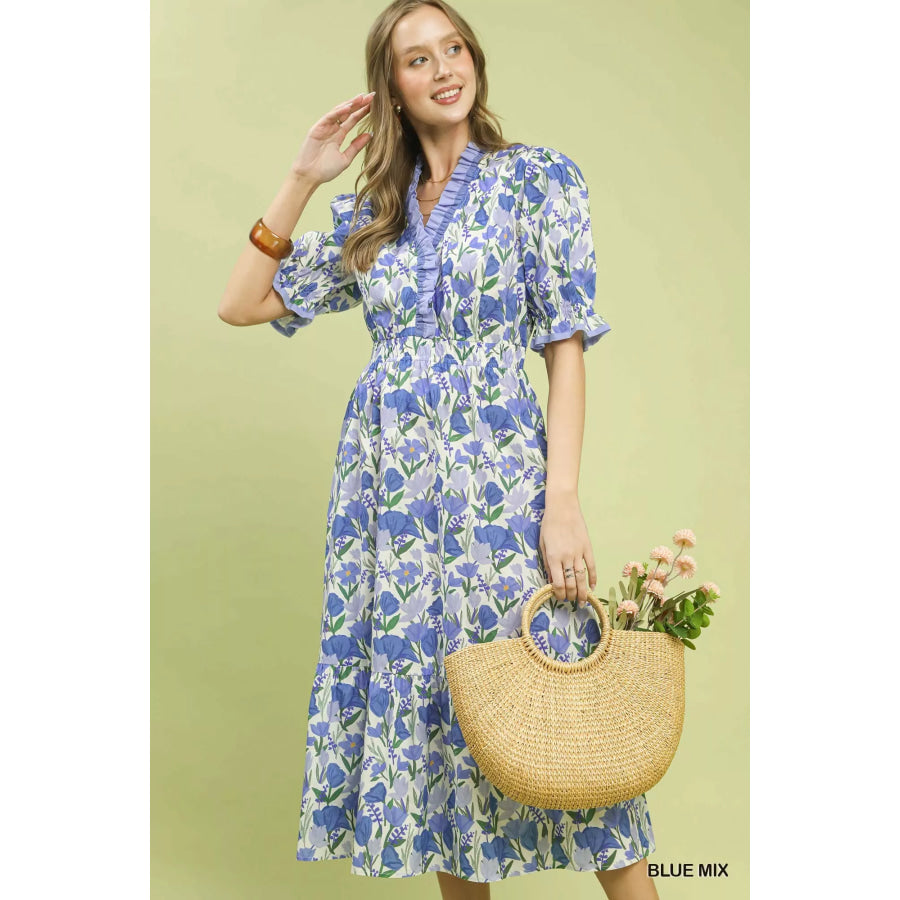 Umgee Floral Ruffle Trim Tiered Midi Dress BLUE MIX / S Apparel and Accessories