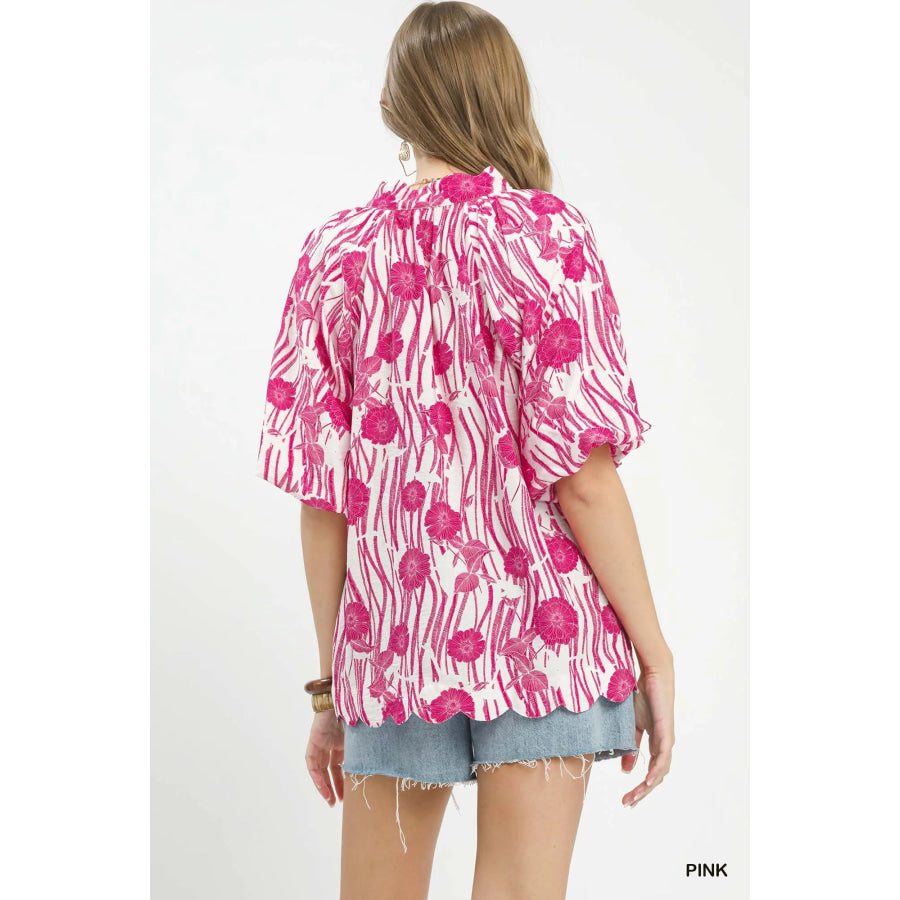 Umgee Floral Scalloped Edge Puff Sleeve Blouse with High-Low Curved Hem Apparel and Accessories