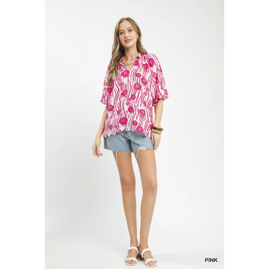 Umgee Floral Scalloped Edge Puff Sleeve Blouse with High-Low Curved Hem Apparel and Accessories