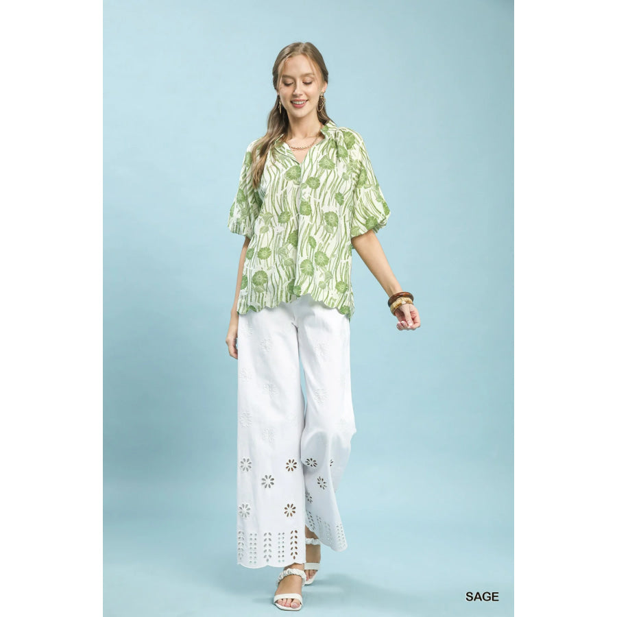 Umgee Floral Scalloped Edge Puff Sleeve Blouse with High-Low Curved Hem Apparel and Accessories