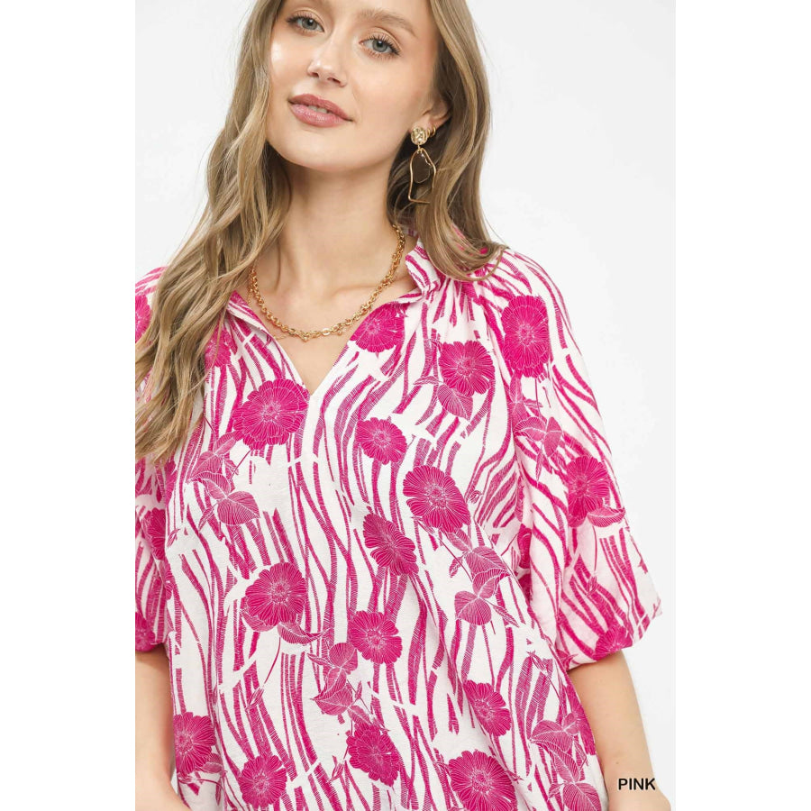 Umgee Floral Scalloped Edge Puff Sleeve Blouse with High-Low Curved Hem Apparel and Accessories