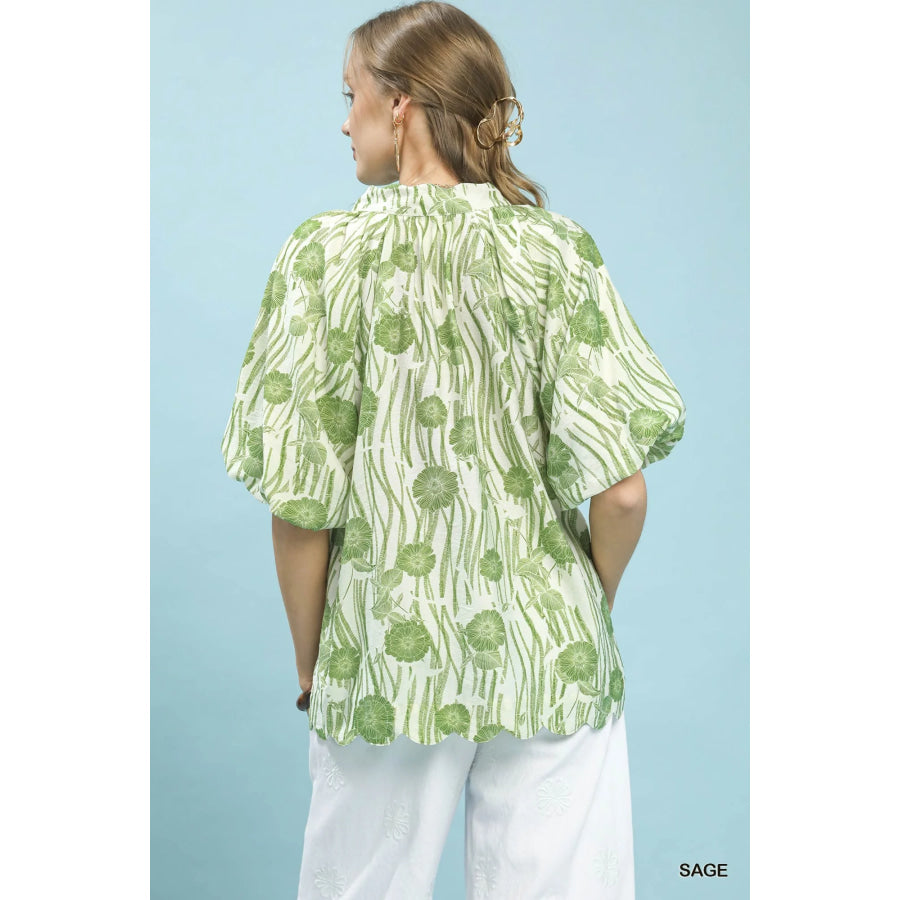 Umgee Floral Scalloped Edge Puff Sleeve Blouse with High-Low Curved Hem Apparel and Accessories