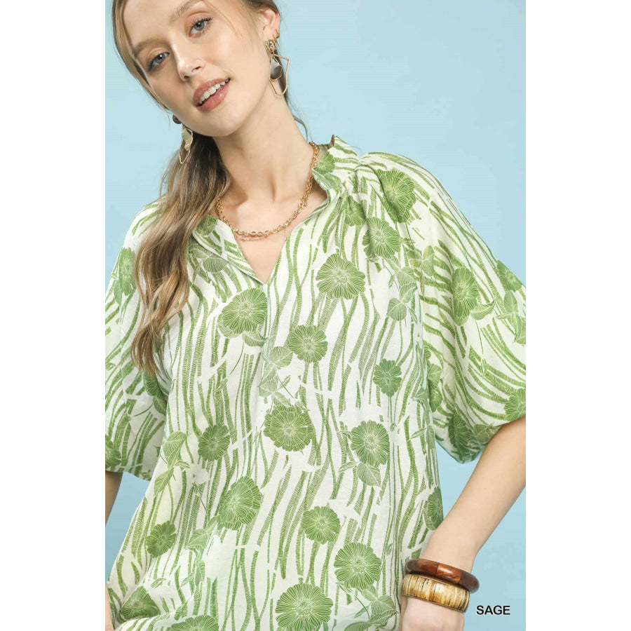 Umgee Floral Scalloped Edge Puff Sleeve Blouse with High-Low Curved Hem Apparel and Accessories