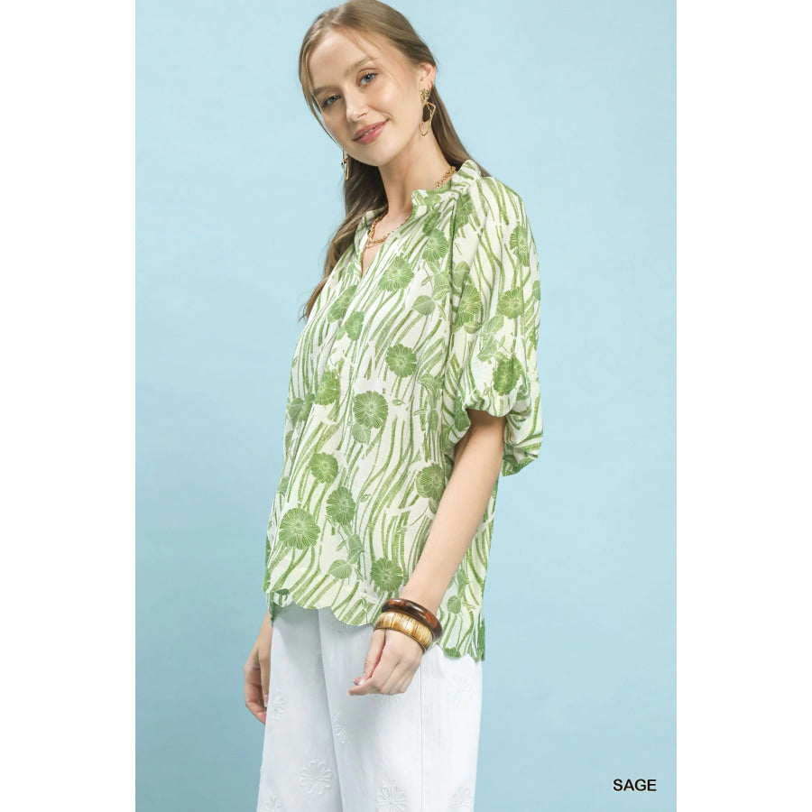 Umgee Floral Scalloped Edge Puff Sleeve Blouse with High-Low Curved Hem Apparel and Accessories