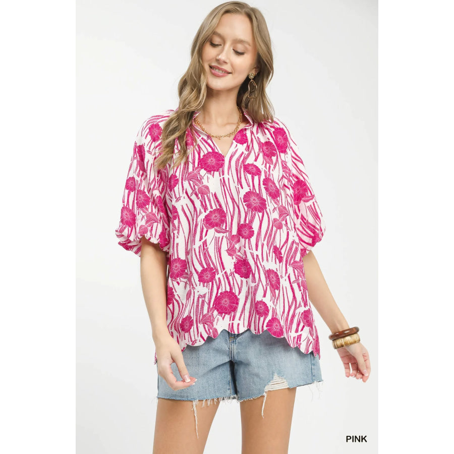 Umgee Floral Scalloped Edge Puff Sleeve Blouse with High-Low Curved Hem PINK / S Apparel and Accessories