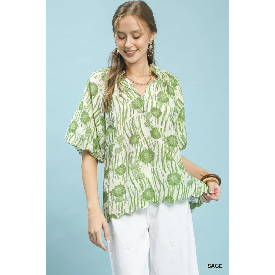 Umgee Floral Scalloped Edge Puff Sleeve Blouse with High-Low Curved Hem SAGE / S Apparel and Accessories