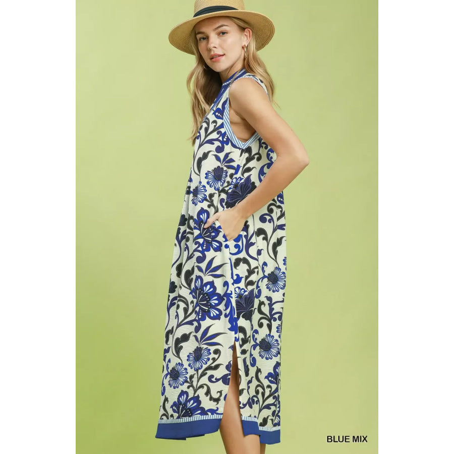 Umgee Floral Scroll Sleeveless Midi Dress Apparel and Accessories
