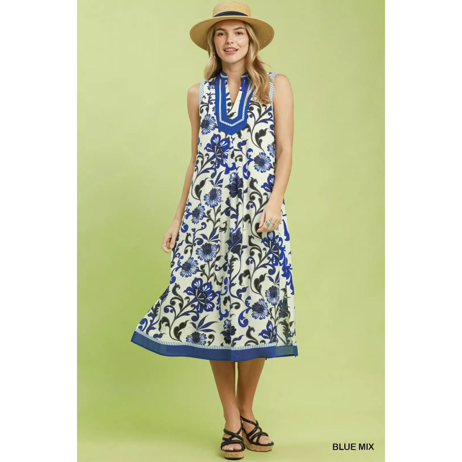 Umgee Floral Scroll Sleeveless Midi Dress BLUE MIX / S Apparel and Accessories