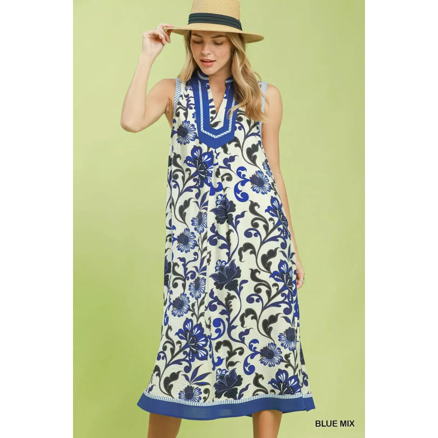 Umgee Floral Scroll Sleeveless Midi Dress BLUE MIX / S Apparel and Accessories