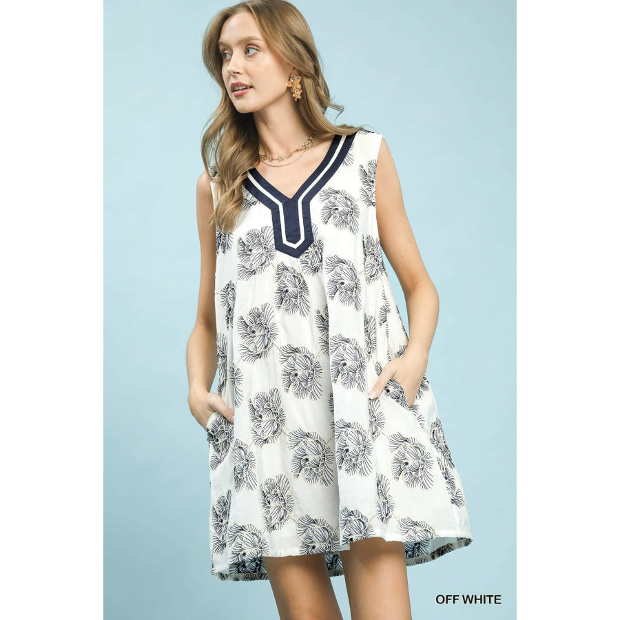Umgee Floral Sleeveless Contrast V-Neck Mini Dress OFF WHITE / S Apparel and Accessories