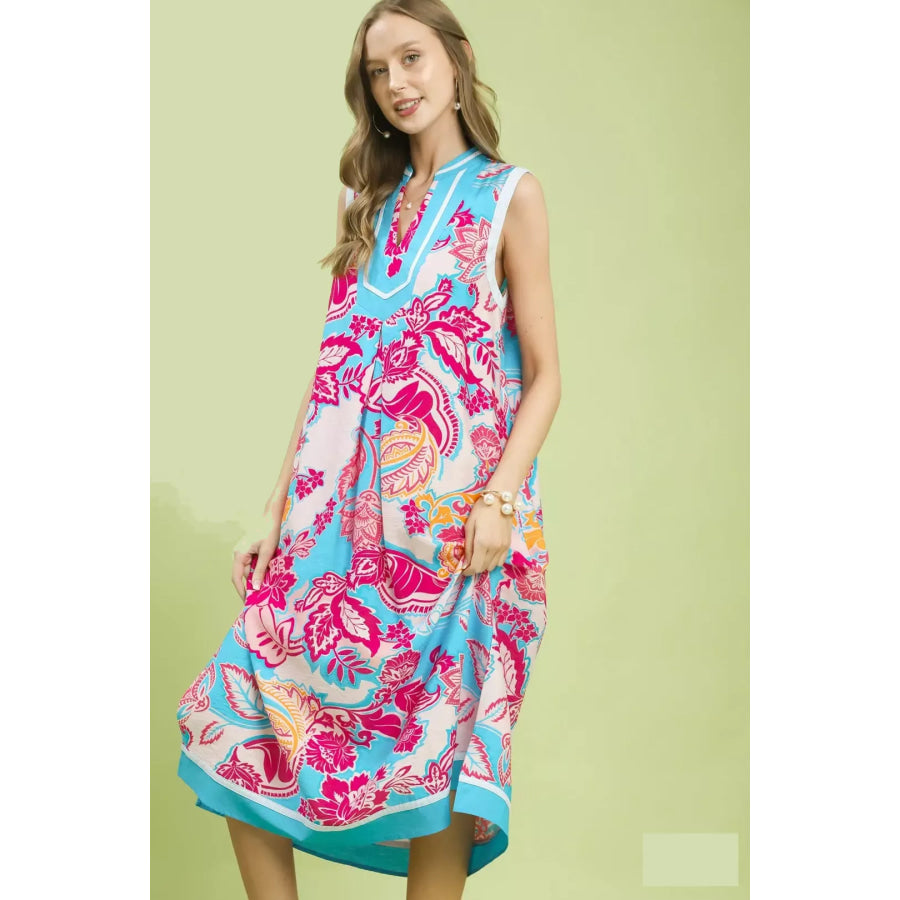 Umgee Floral Sleeveless Midi Dress with Side Pockets Apparel and Accessories