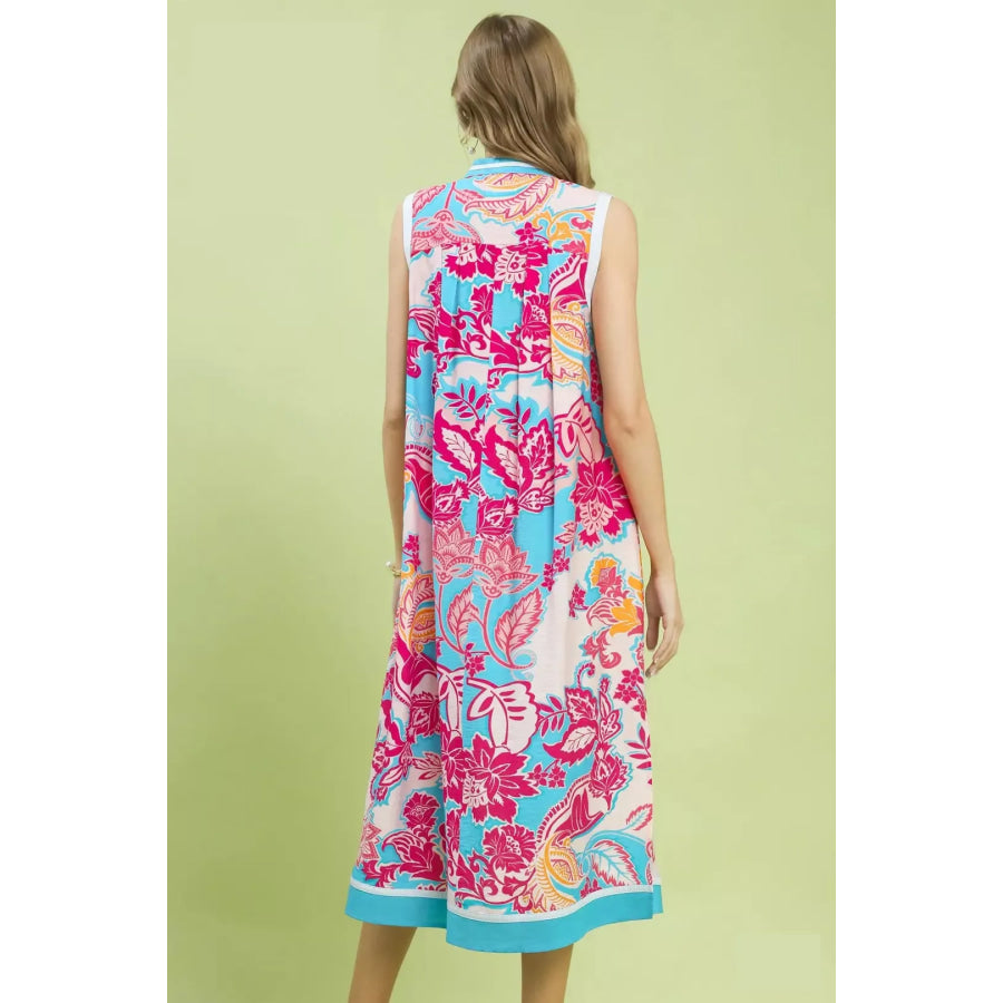 Umgee Floral Sleeveless Midi Dress with Side Pockets Apparel and Accessories