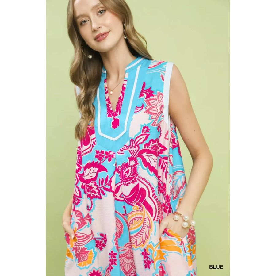 Umgee Floral Sleeveless Midi Dress with Side Pockets Apparel and Accessories