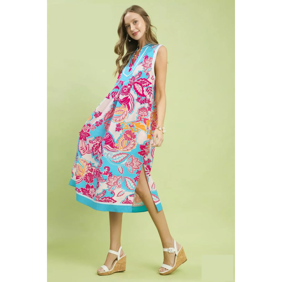 Umgee Floral Sleeveless Midi Dress with Side Pockets Apparel and Accessories
