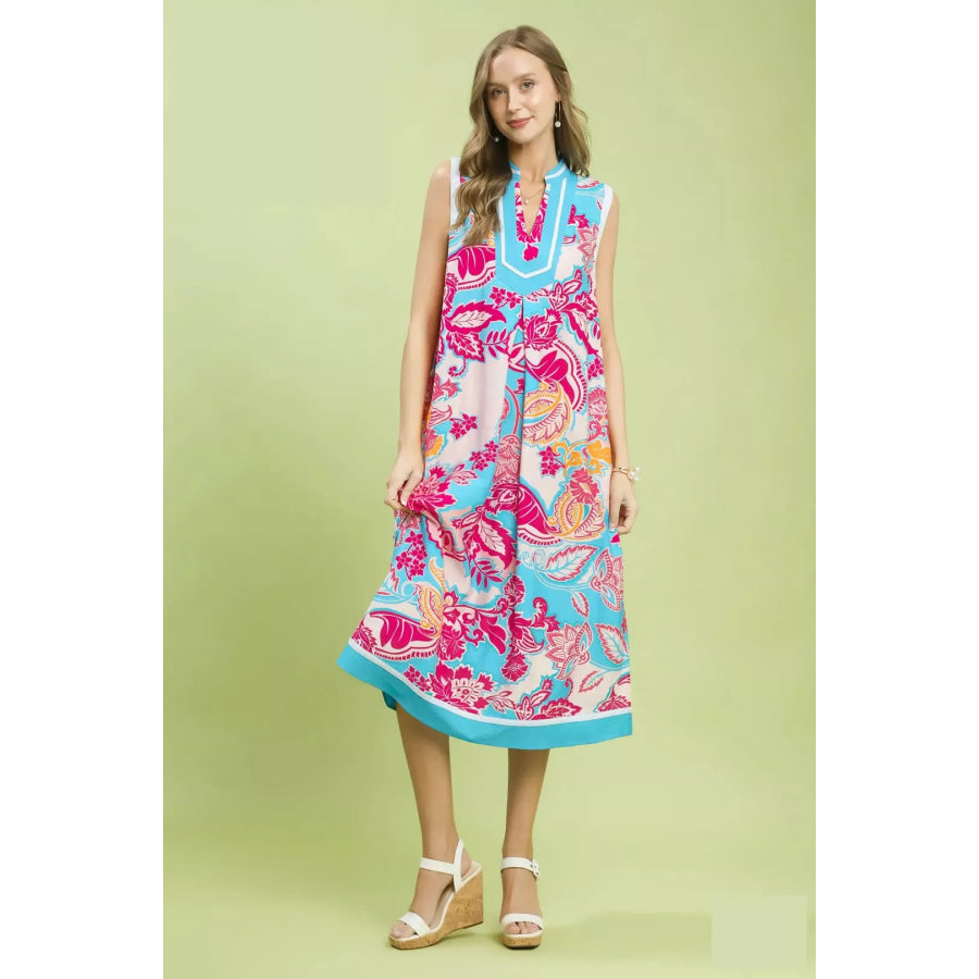 Umgee Floral Sleeveless Midi Dress with Side Pockets Apparel and Accessories