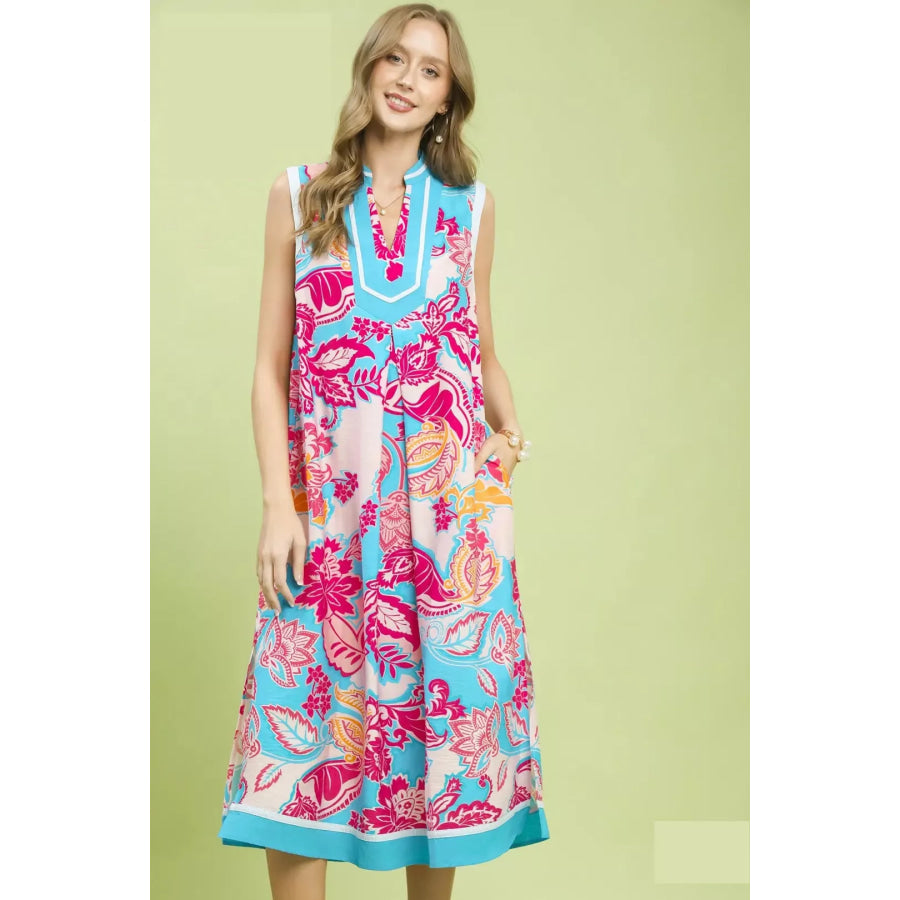Umgee Floral Sleeveless Midi Dress with Side Pockets BLUE / S Apparel and Accessories