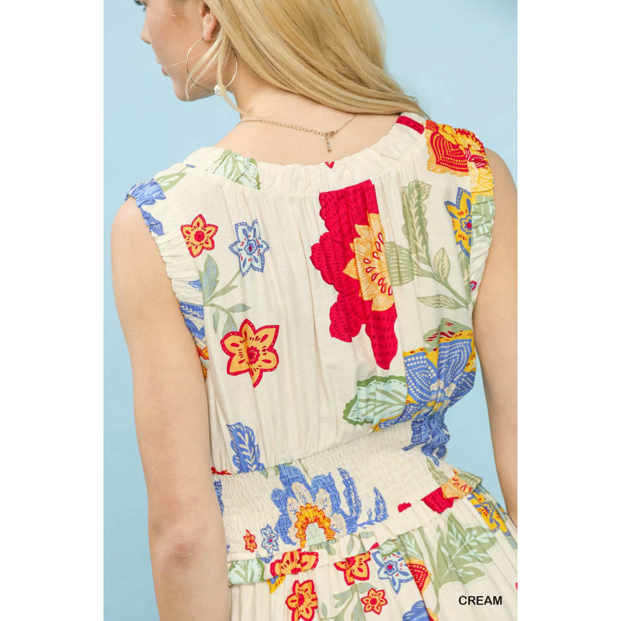 Umgee Floral Smocked Midi Dress Apparel and Accessories
