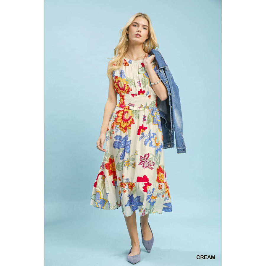 Umgee Floral Smocked Midi Dress Apparel and Accessories