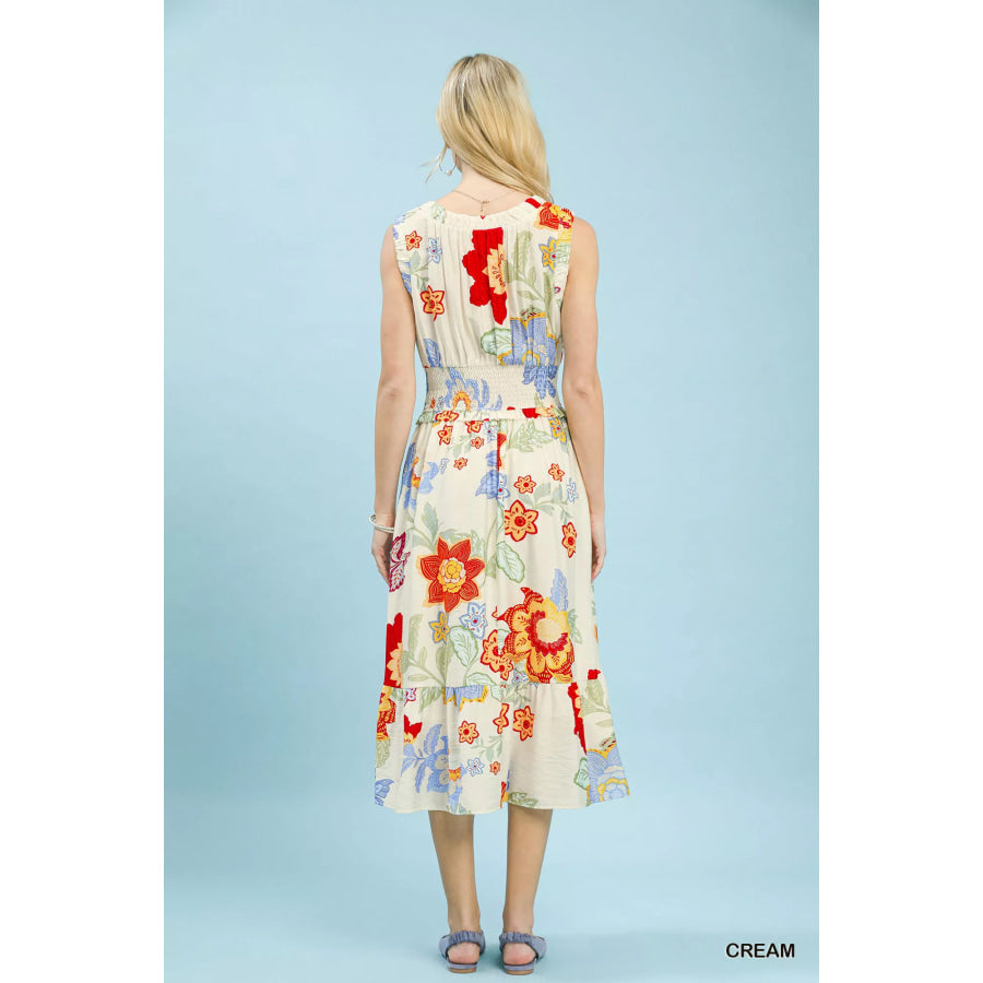 Umgee Floral Smocked Midi Dress Apparel and Accessories