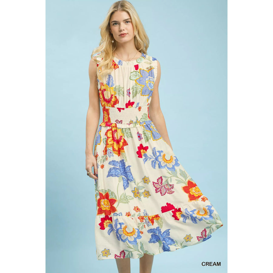 Umgee Floral Smocked Midi Dress CREAM / S Apparel and Accessories