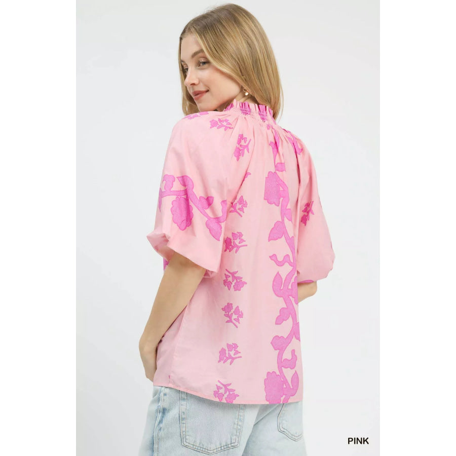 Umgee Floral Smocked Notched Puff Sleeve Blouse PINK / S Apparel and Accessories