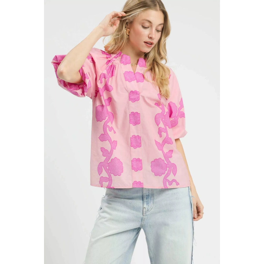 Umgee Floral Smocked Notched Puff Sleeve Blouse PINK / S Apparel and Accessories