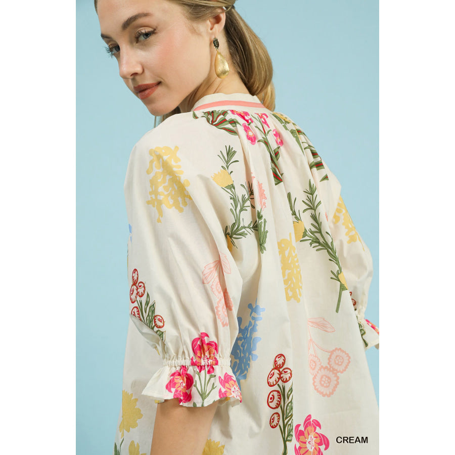 Umgee Floral Split Neck Puff Sleeve Top Apparel and Accessories