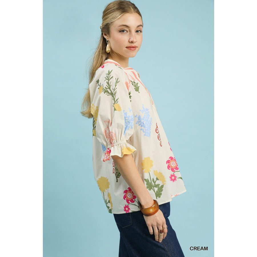 Umgee Floral Split Neck Puff Sleeve Top CREAM / S Apparel and Accessories